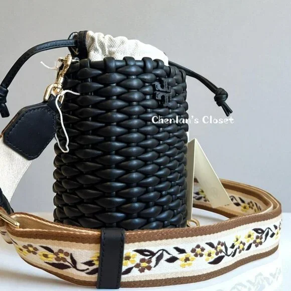Tory Burch Emerson Woven Mini Bucket Bag Black With Gold Hardware - Picture 2 of 13